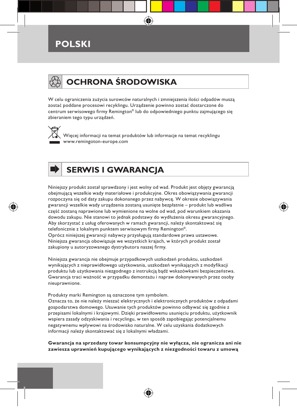 Polski, Ochrona środowiska, Serwis i gwarancja | Remington D5800 User Manual | Page 54 / 88