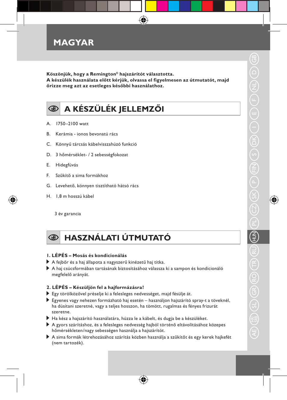 Magyar, A készülék jellemzői, Használati útmutató | Remington D5800 User Manual | Page 55 / 88