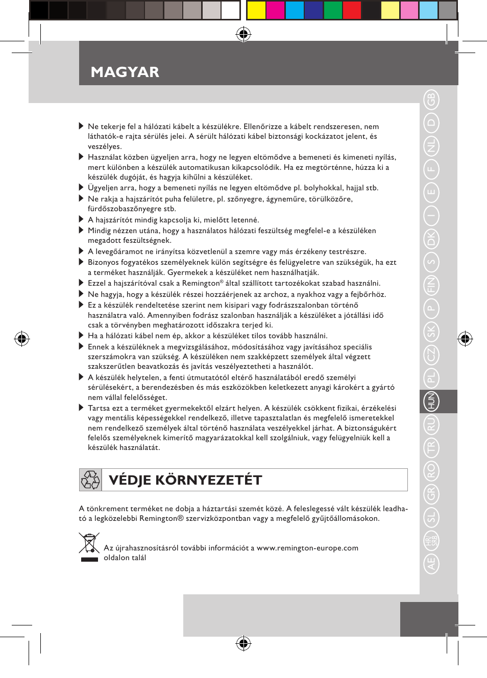 Magyar, Védje környezetét | Remington D5800 User Manual | Page 57 / 88