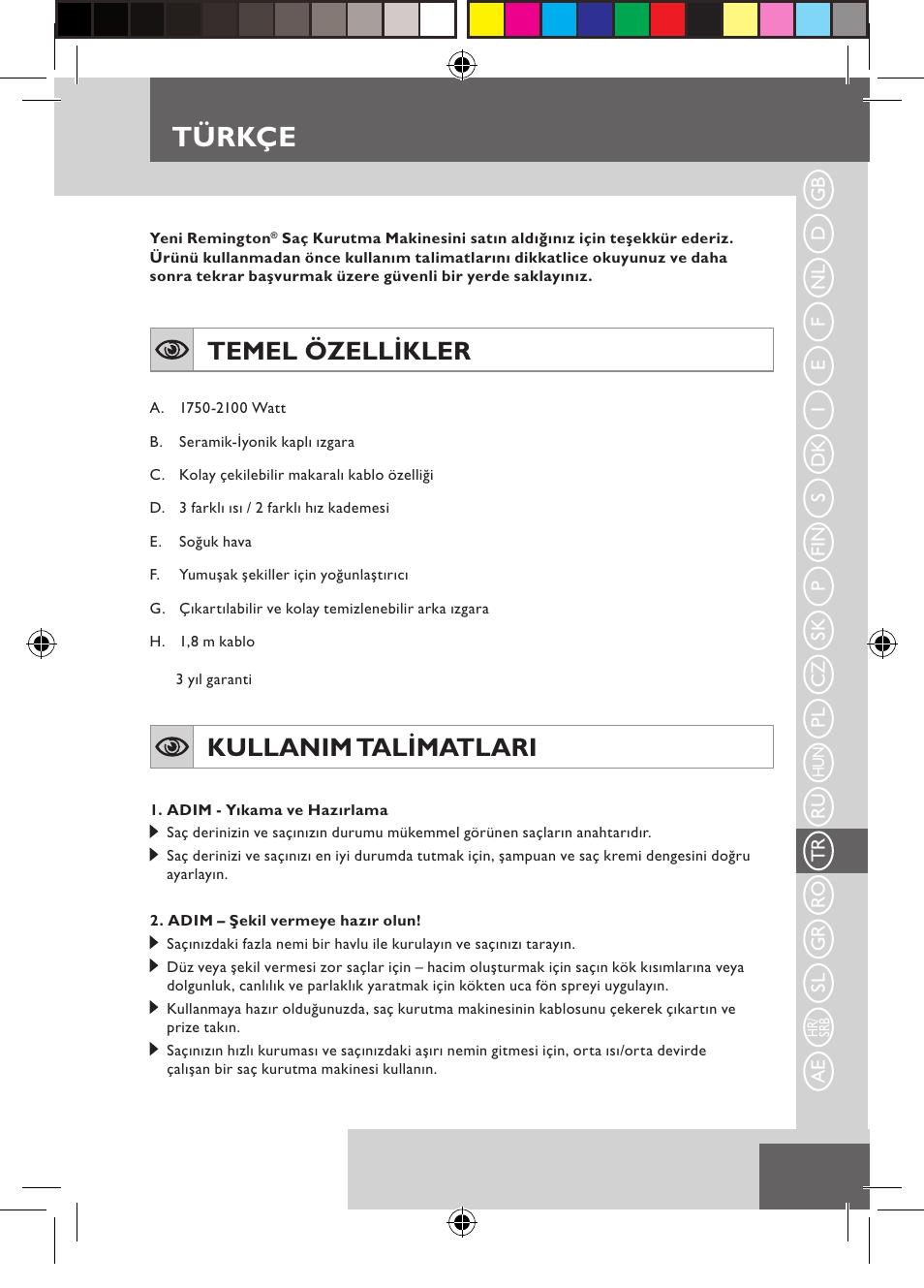 Türkçe, Temel özellikler, Kullanim talimatlari | Remington D5800 User Manual | Page 63 / 88