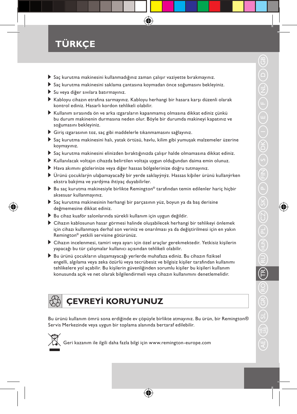 Türkçe, Çevreyi koruyunuz | Remington D5800 User Manual | Page 65 / 88