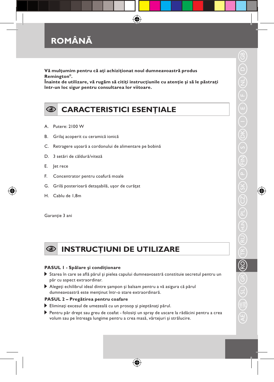 Română, Caracteristici esenţiale, Instrucţiuni de utilizare | Remington D5800 User Manual | Page 67 / 88