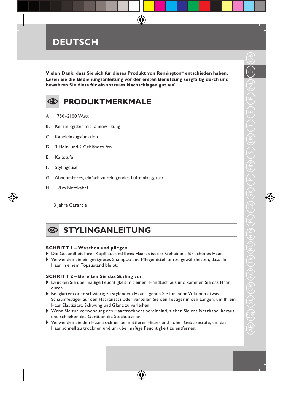 Deutsch, Produktmerkmale, Stylinganleitung | Remington D5800 User Manual | Page 7 / 88