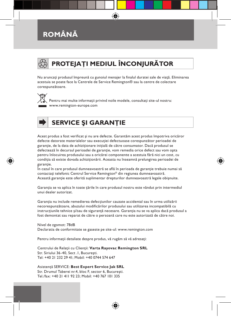 Română, Protejaţi mediul înconjurător, Service şi garanţie | Remington D5800 User Manual | Page 70 / 88