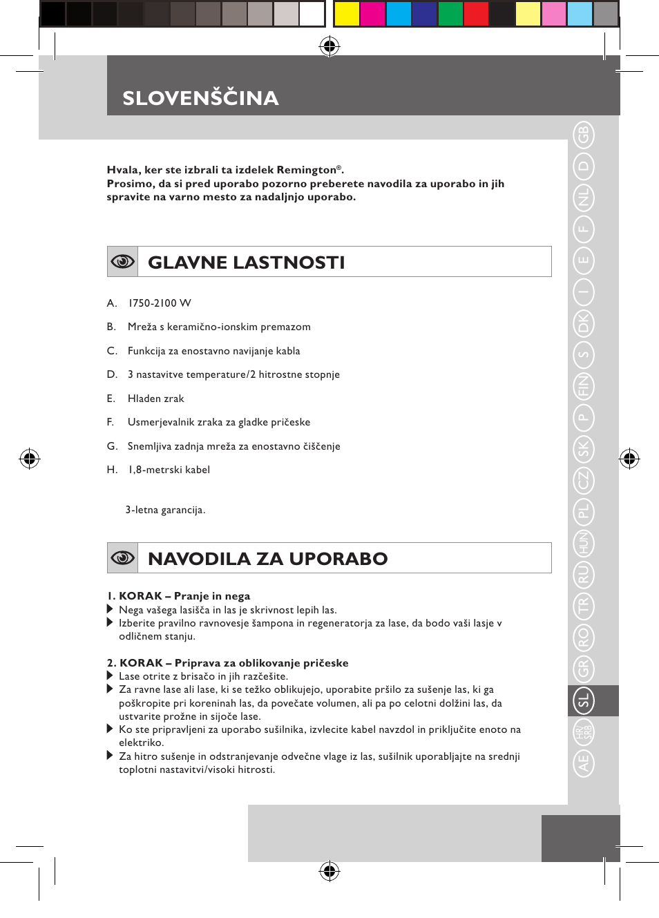 Slovenščina, Glavne lastnosti, Navodila za uporabo | Remington D5800 User Manual | Page 75 / 88