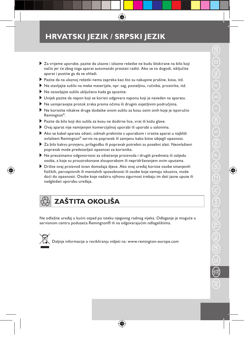 Hrvatski jezik / srpski jezik, Zaštita okoliša | Remington D5800 User Manual | Page 81 / 88