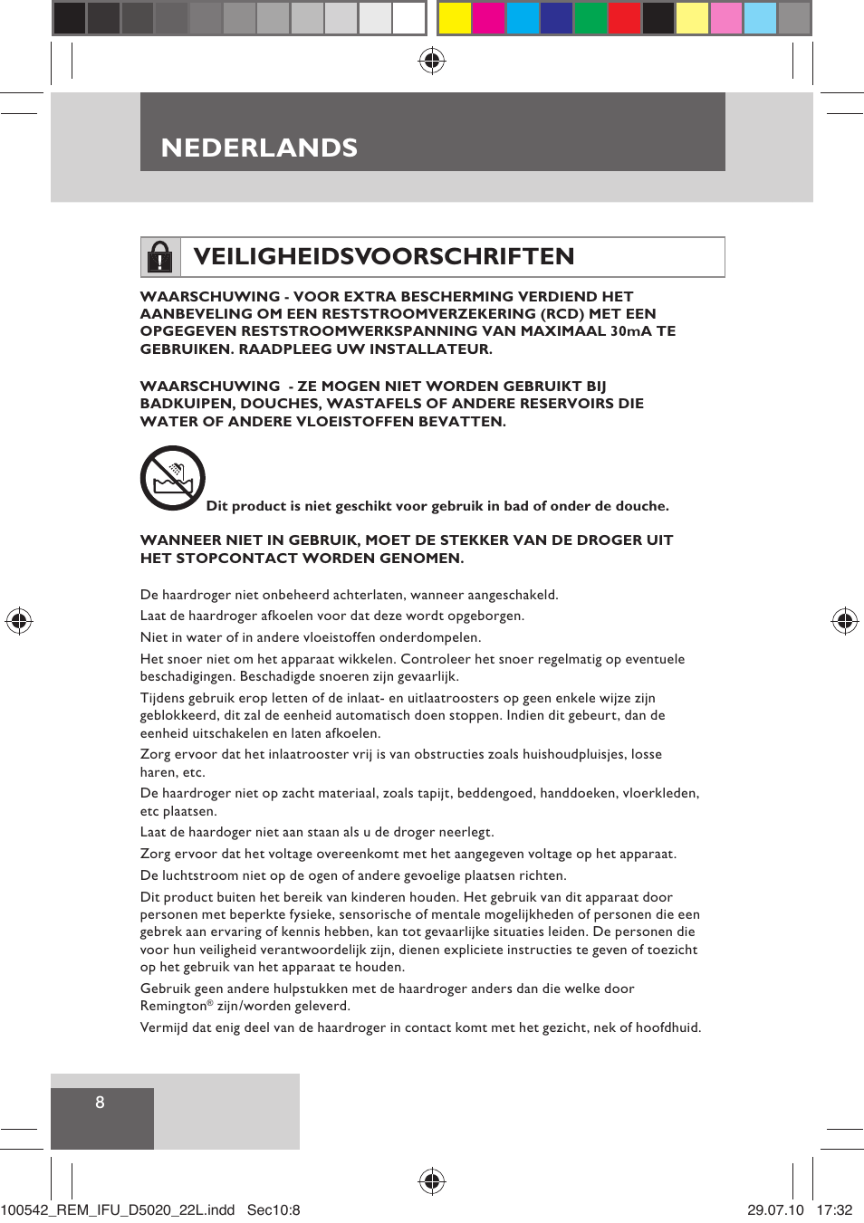 Nederlands, Veiligheidsvoorschriften | Remington D5020 User Manual | Page 10 / 68