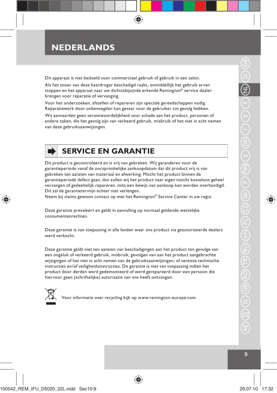 Nederlands, Service en garantie | Remington D5020 User Manual | Page 11 / 68