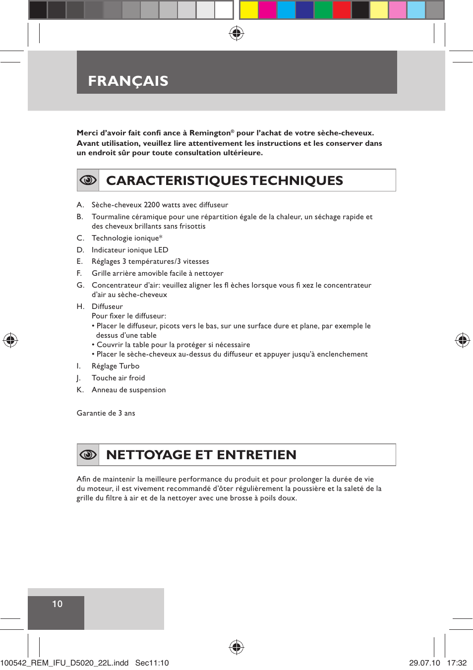 Français, Caracteristiques techniques, Nettoyage et entretien | Remington D5020 User Manual | Page 12 / 68