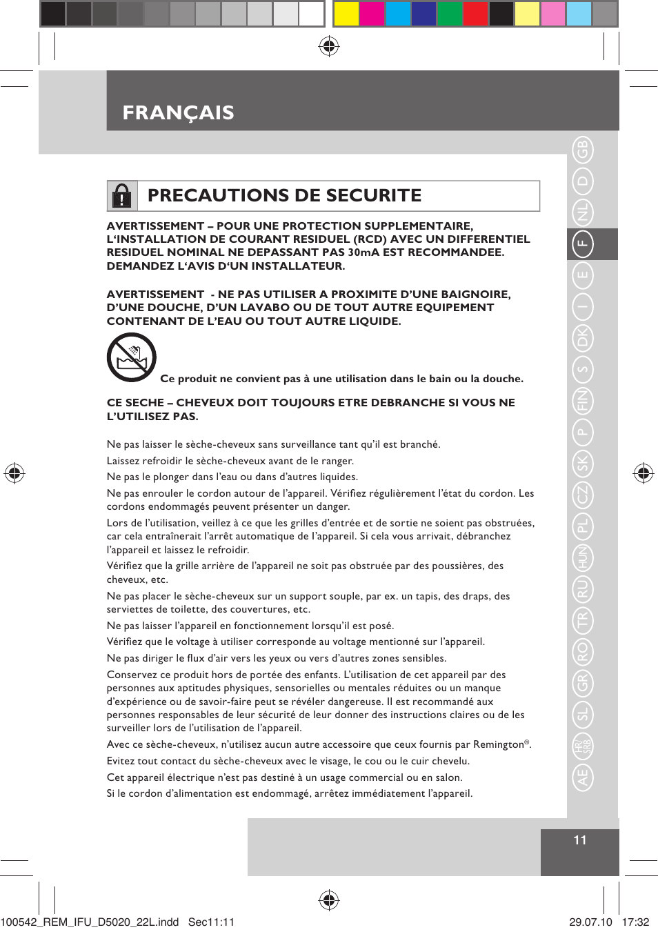 Français, Precautions de securite | Remington D5020 User Manual | Page 13 / 68