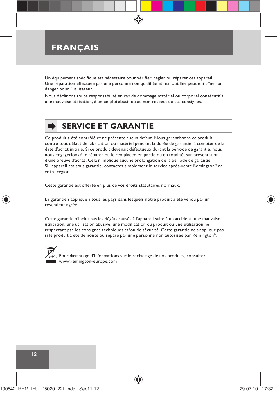 Français, Service et garantie | Remington D5020 User Manual | Page 14 / 68