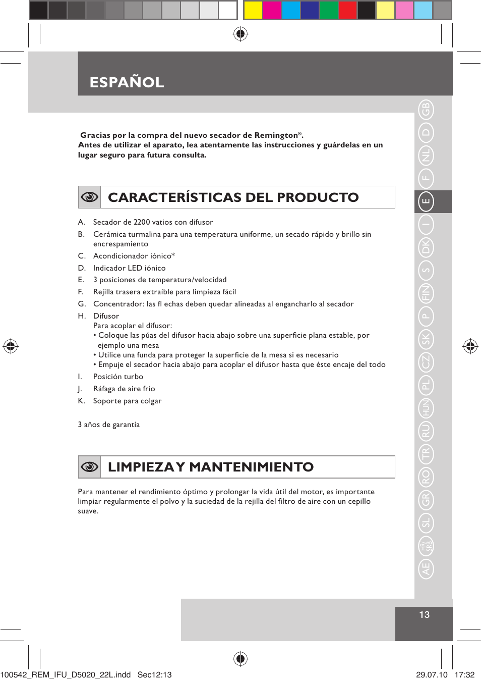 Español, Características del producto, Limpieza y mantenimiento | Remington D5020 User Manual | Page 15 / 68