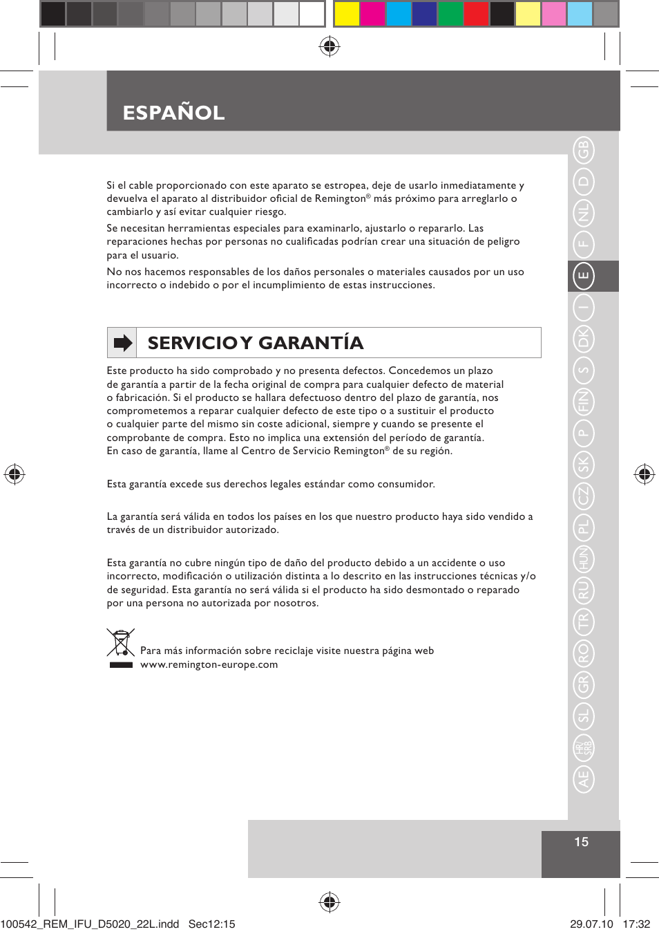 Español, Servicio y garantía | Remington D5020 User Manual | Page 17 / 68