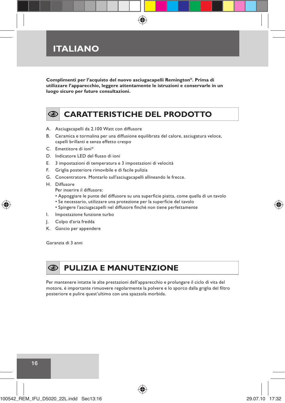 Italiano, Caratteristiche del prodotto, Pulizia e manutenzione | Remington D5020 User Manual | Page 18 / 68