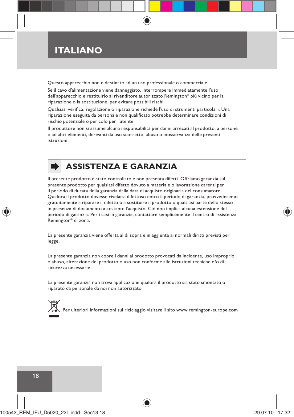 Italiano, Assistenza e garanzia | Remington D5020 User Manual | Page 20 / 68