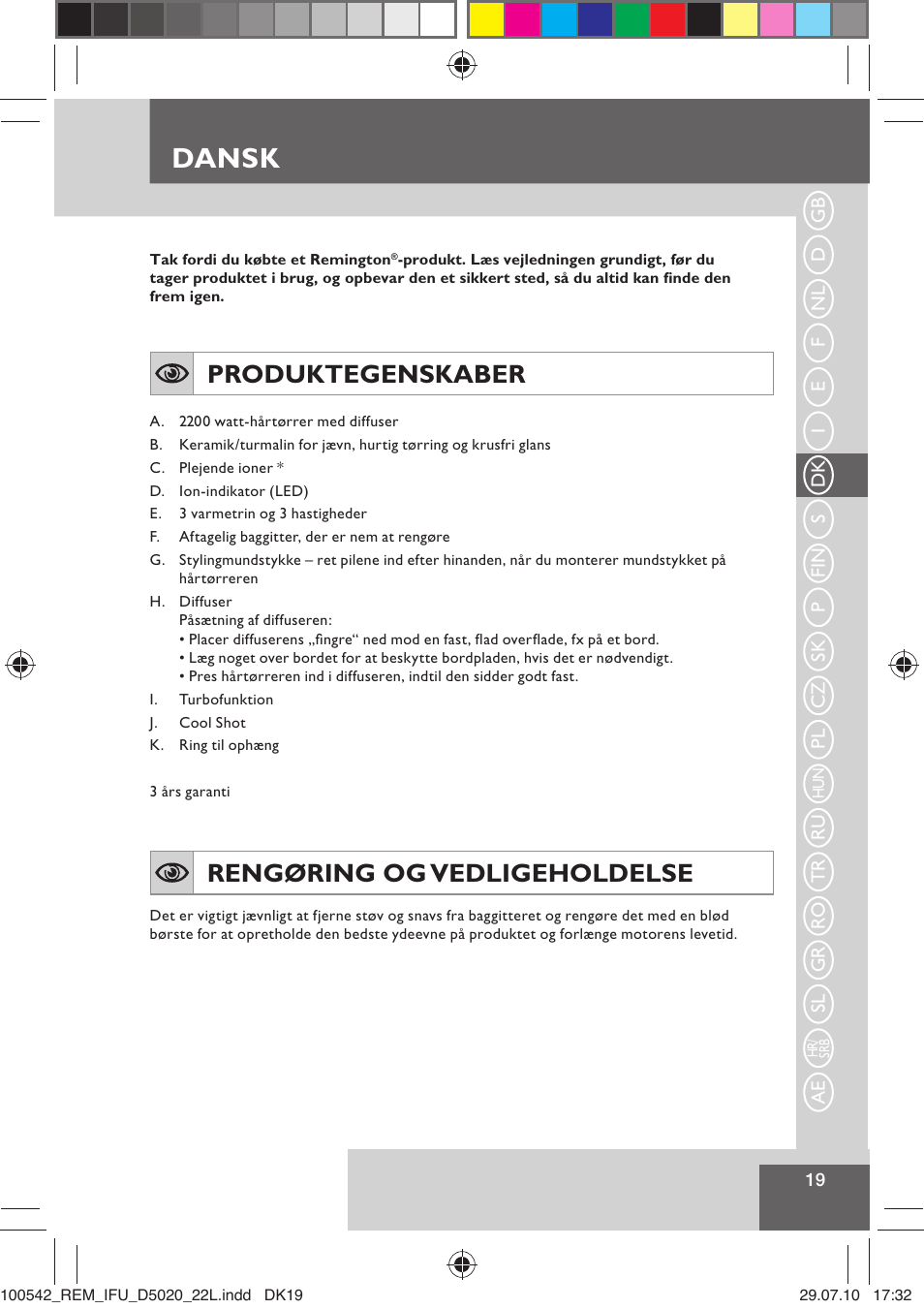 Dansk, Produktegenskaber, Rengøring og vedligeholdelse | Remington D5020 User Manual | Page 21 / 68