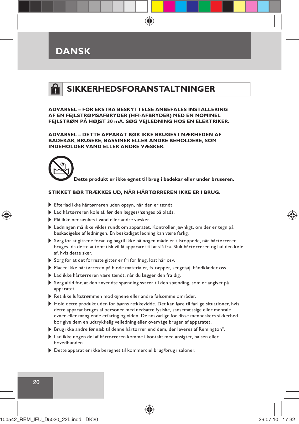 Dansk, Sikkerhedsforanstaltninger | Remington D5020 User Manual | Page 22 / 68