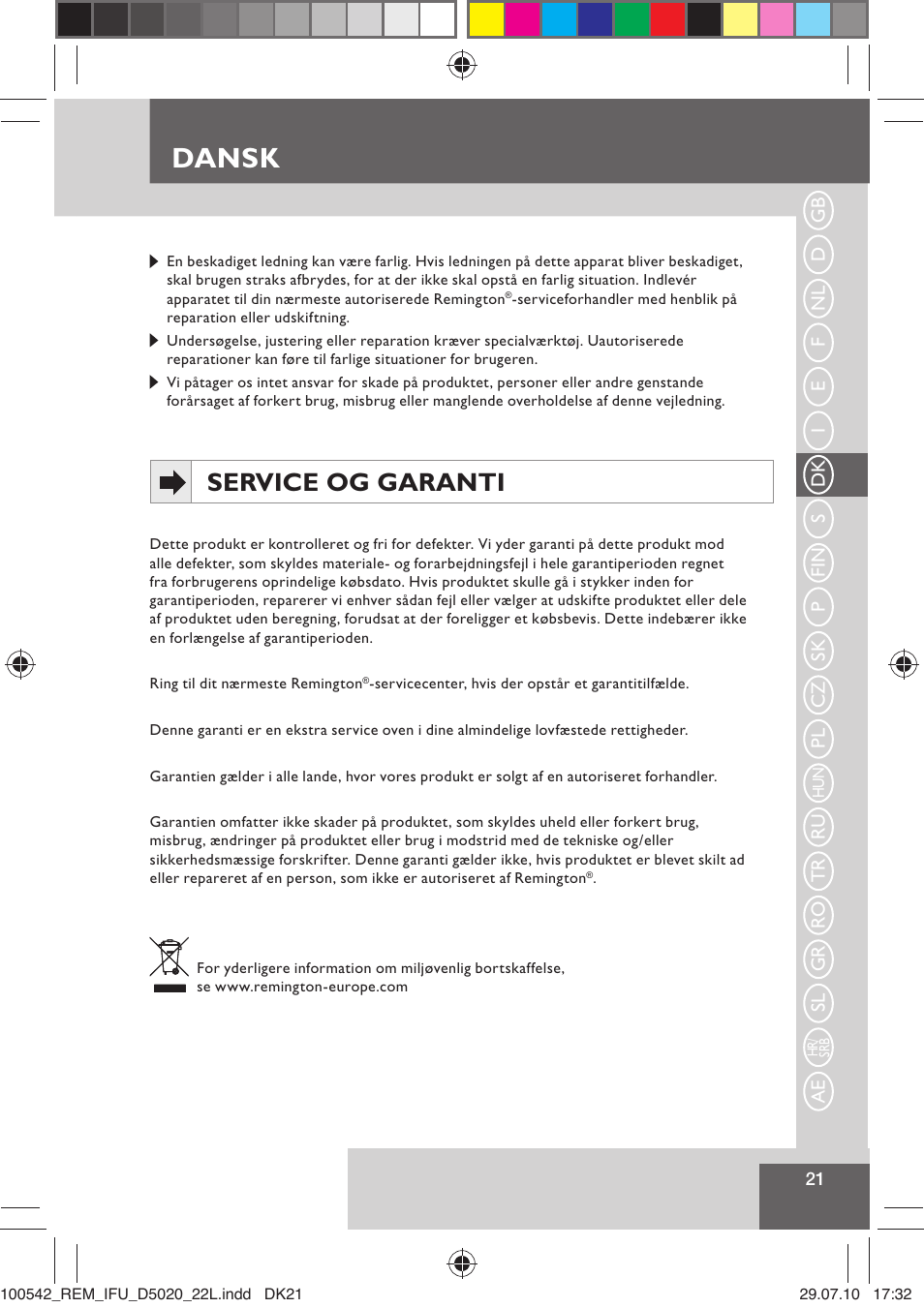 Dansk, Service og garanti | Remington D5020 User Manual | Page 23 / 68