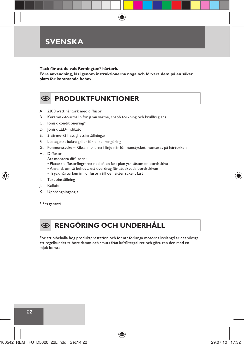 Svenska, Produktfunktioner, Rengöring och underhåll | Remington D5020 User Manual | Page 24 / 68