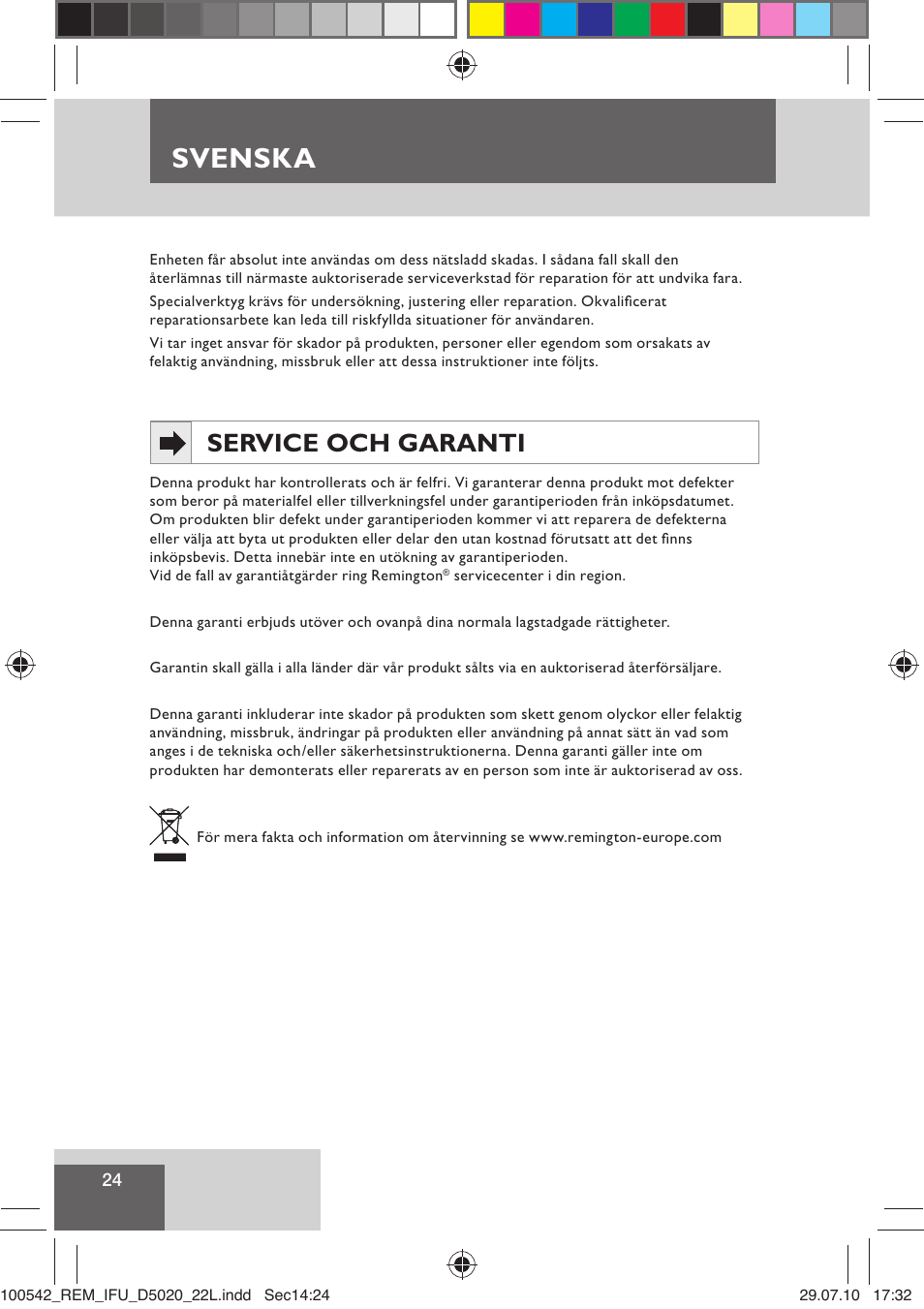 Svenska, Service och garanti | Remington D5020 User Manual | Page 26 / 68