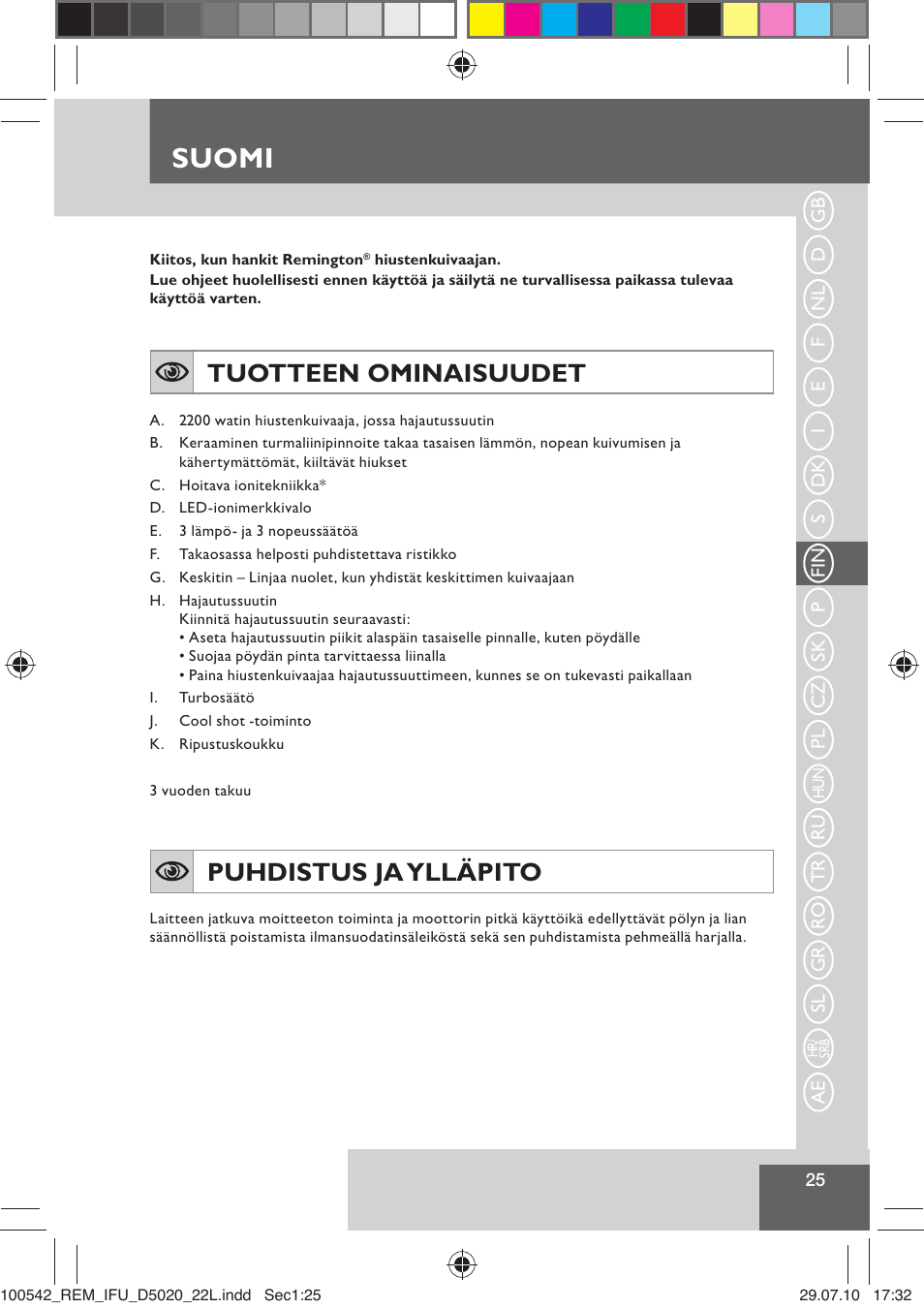 Suomi, Tuotteen ominaisuudet, Puhdistus ja ylläpito | Remington D5020 User Manual | Page 27 / 68