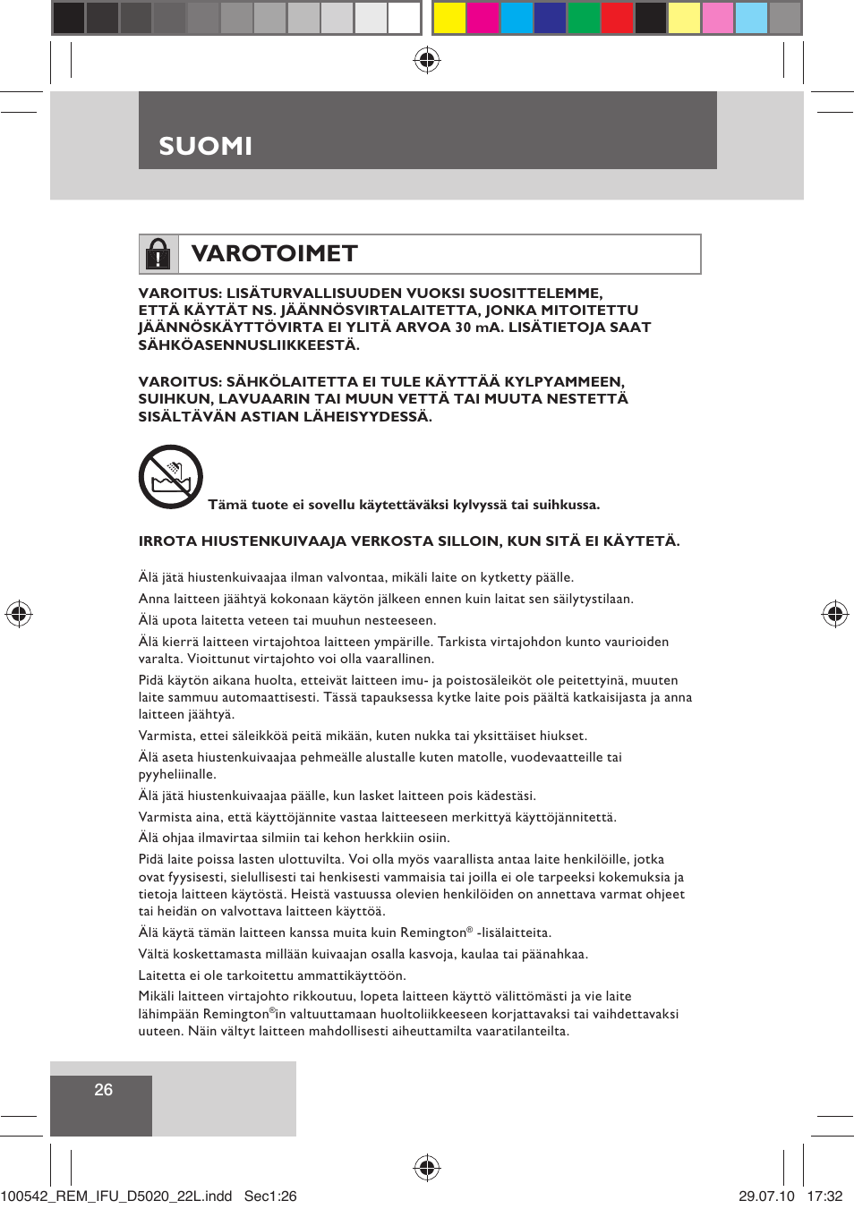 Suomi, Varotoimet | Remington D5020 User Manual | Page 28 / 68