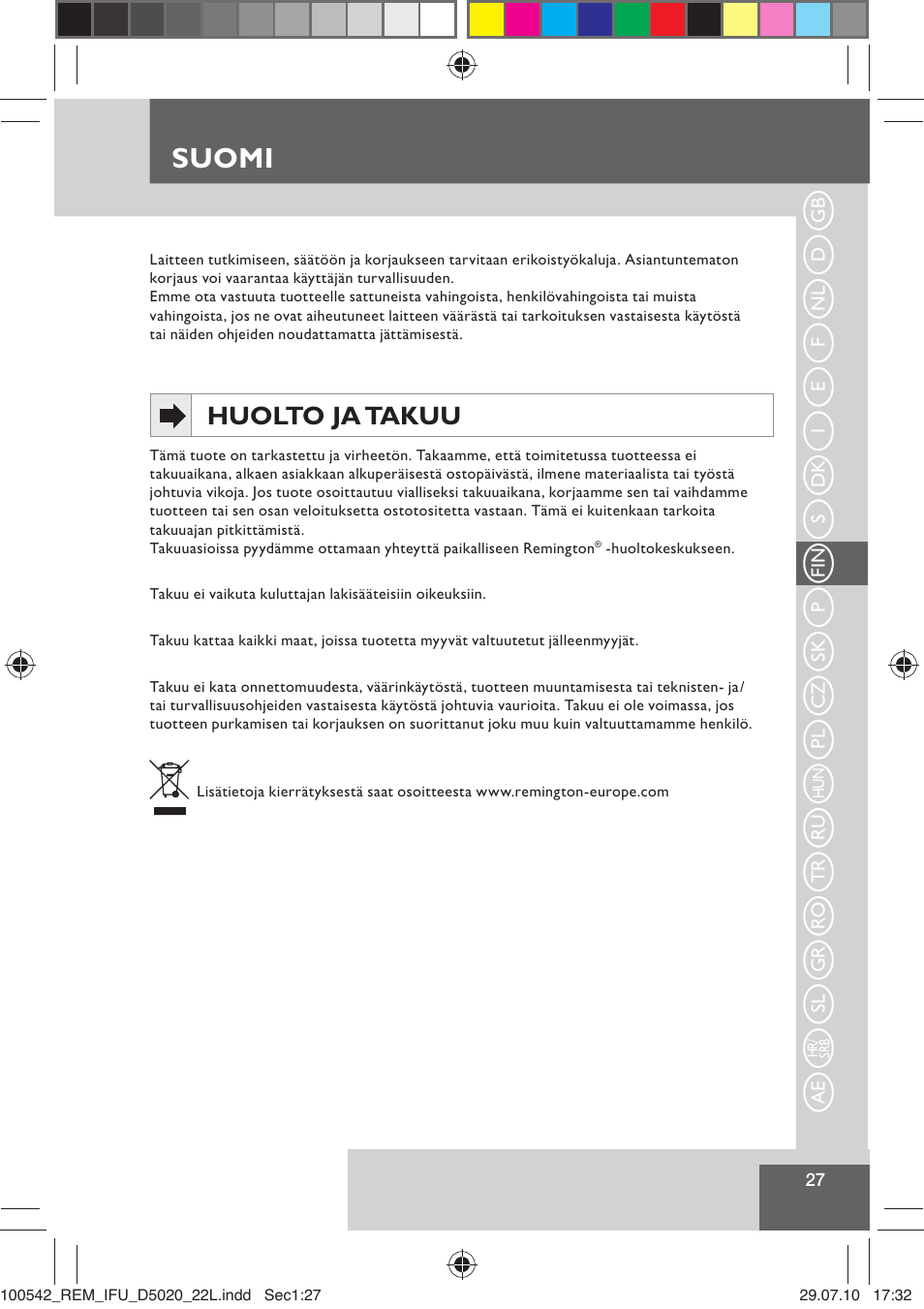 Suomi, Huolto ja takuu | Remington D5020 User Manual | Page 29 / 68