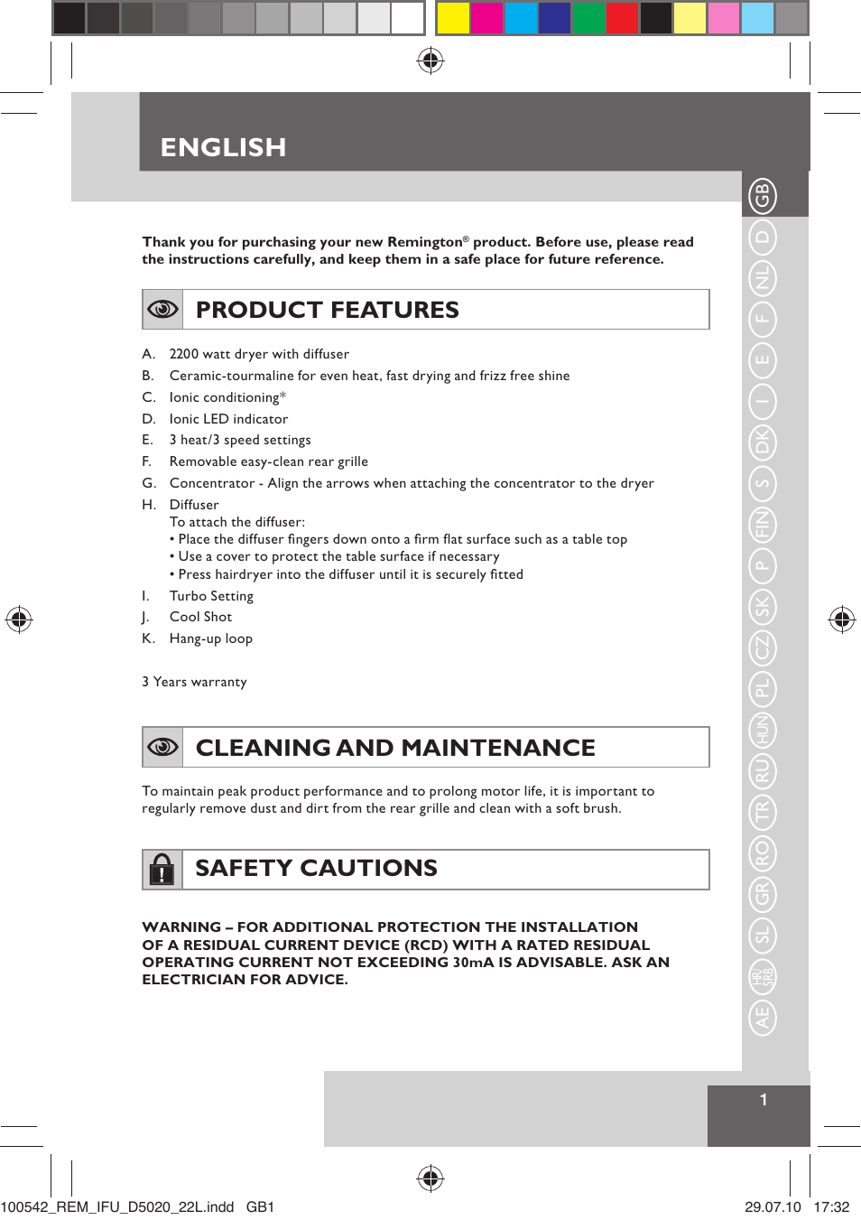 English, Product features, Cleaning and maintenance | Safety cautions | Remington D5020 User Manual | Page 3 / 68