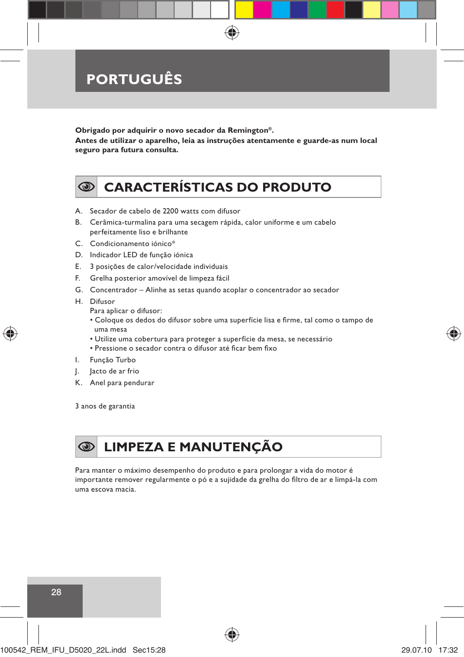 Português, Características do produto, Limpeza e manutenção | Remington D5020 User Manual | Page 30 / 68