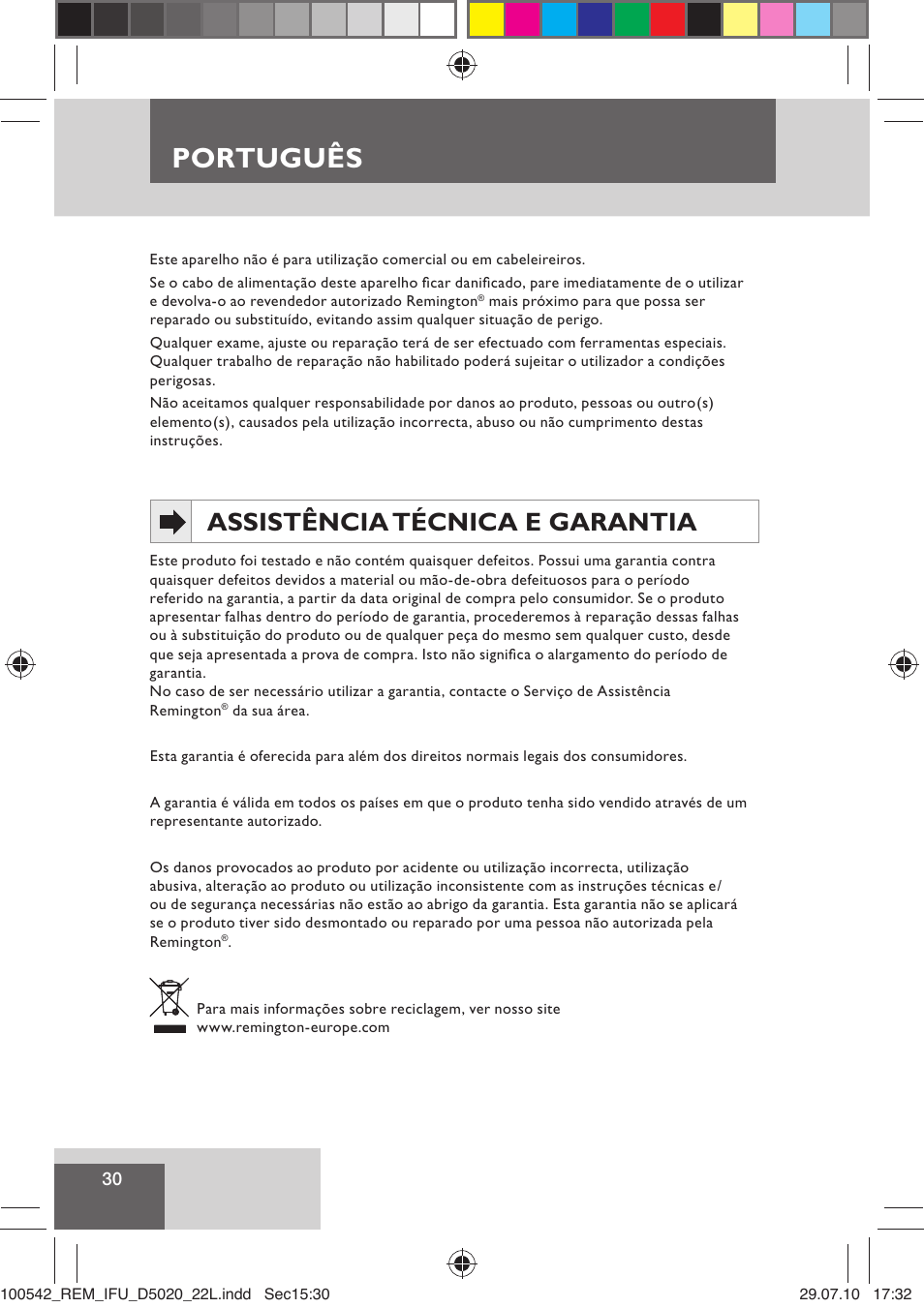 Português, Assistência técnica e garantia | Remington D5020 User Manual | Page 32 / 68