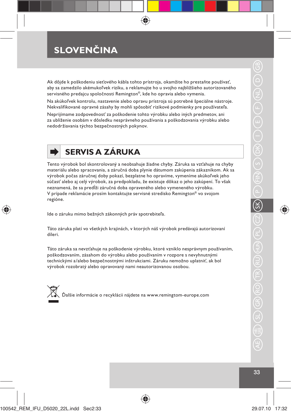 Slovenčina, Servis a záruka | Remington D5020 User Manual | Page 35 / 68