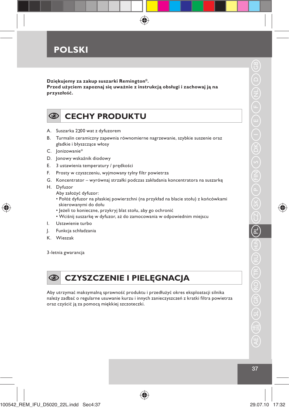 Polski, Cechy produktu, Czyszczenie i pielęgnacja | Remington D5020 User Manual | Page 39 / 68