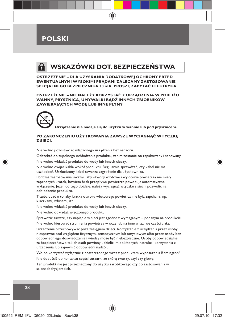 Polski, Wskazówki dot. bezpieczeństwa | Remington D5020 User Manual | Page 40 / 68