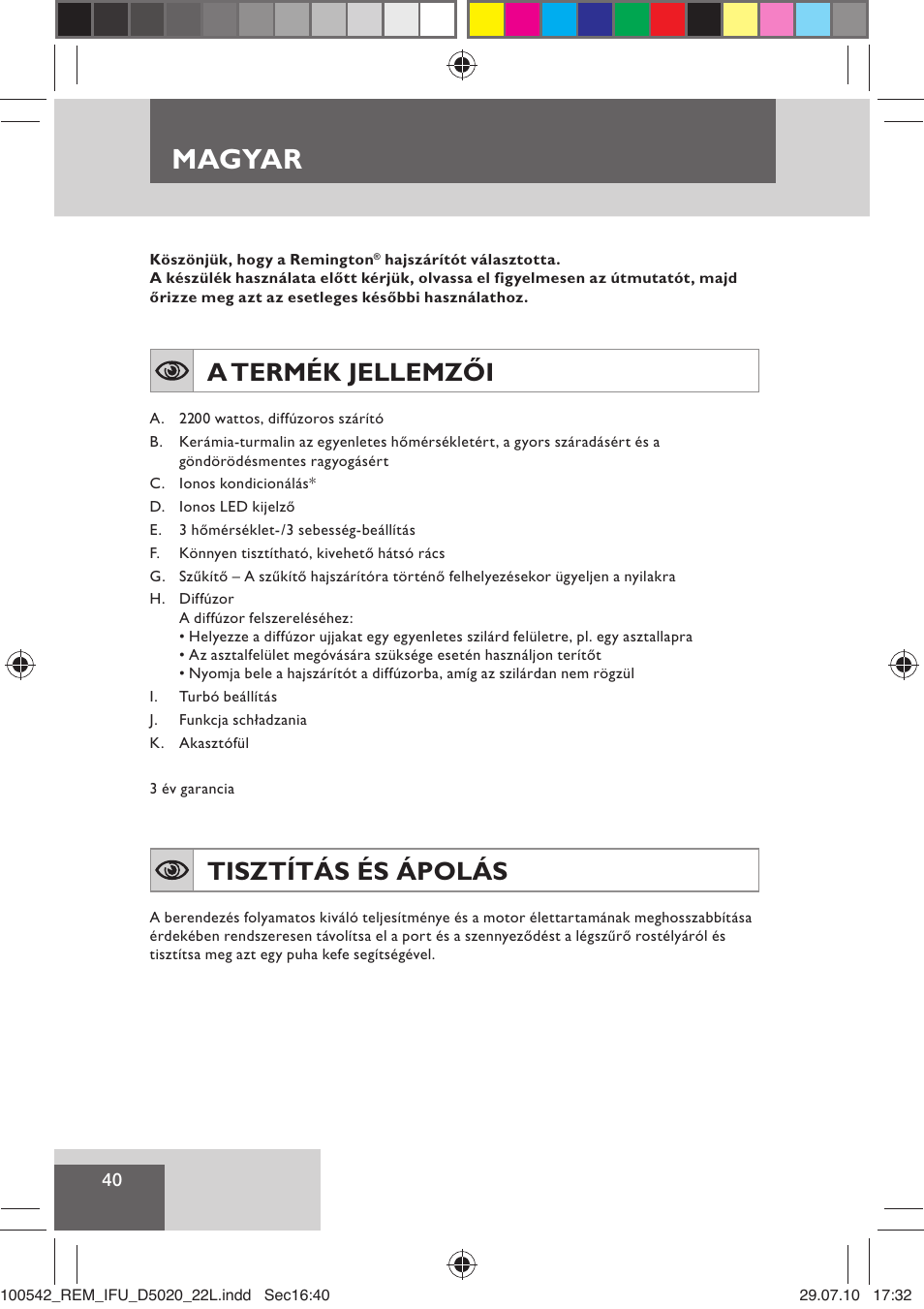 Magyar, A termék jellemzői, Tisztítás és ápolás | Remington D5020 User Manual | Page 42 / 68