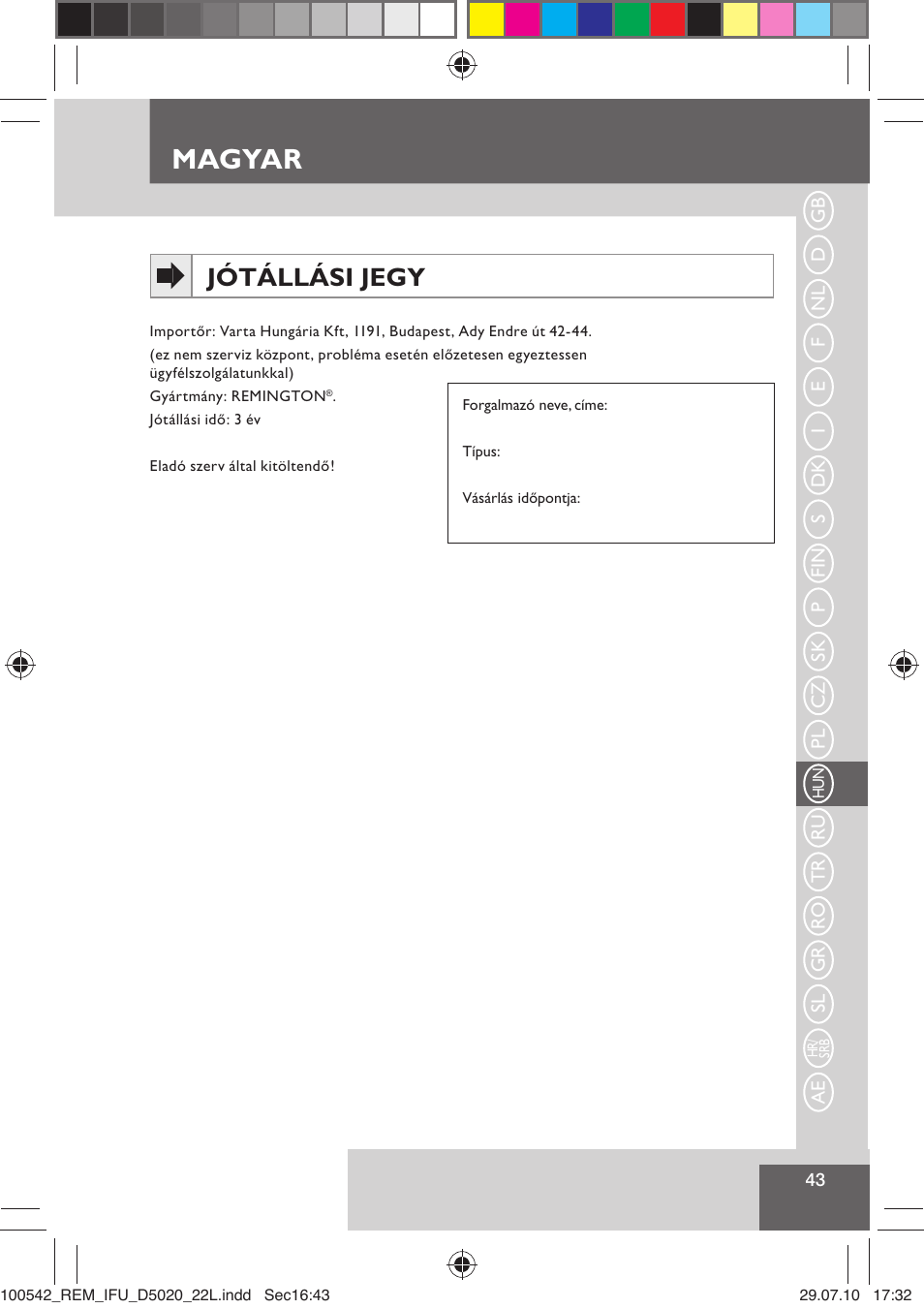 Magyar, Jótállási jegy | Remington D5020 User Manual | Page 45 / 68