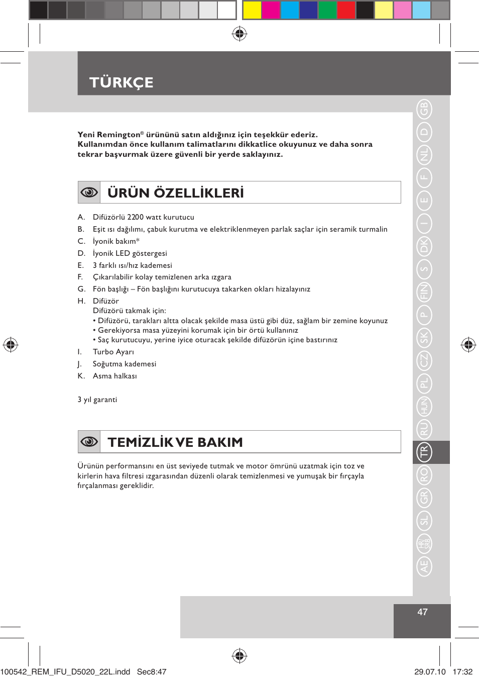 Türkçe, Ürün özellikleri, Temizlik ve bakim | Remington D5020 User Manual | Page 49 / 68