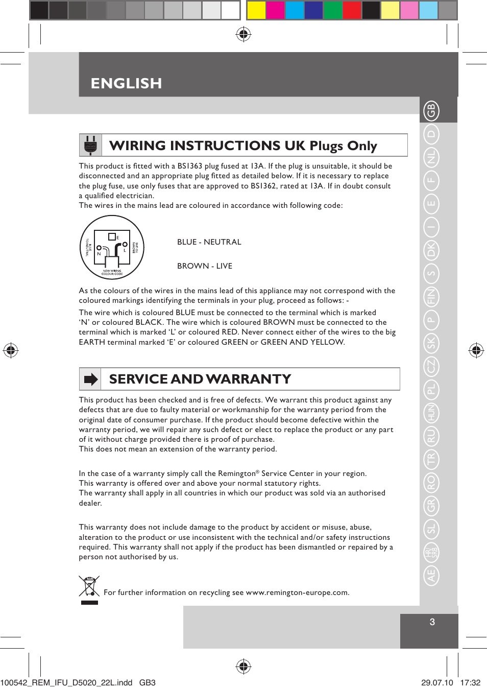 English, Wiring instructions uk plugs only, Service and warranty | Remington D5020 User Manual | Page 5 / 68