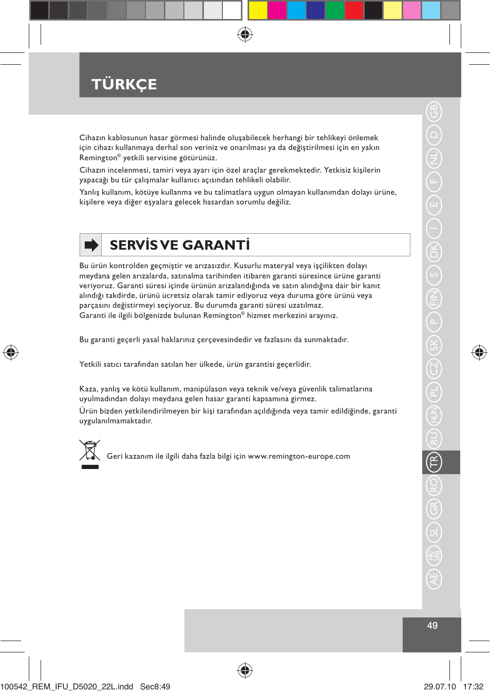 Türkçe, Servis ve garanti | Remington D5020 User Manual | Page 51 / 68