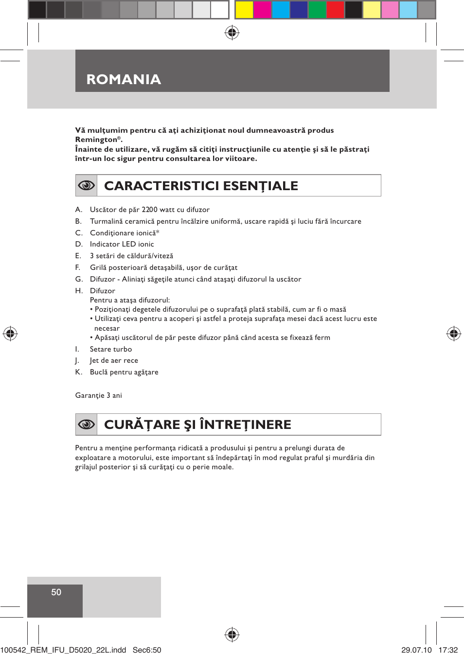 Romania, Caracteristici esenţiale, Curăţare şi întreţinere | Remington D5020 User Manual | Page 52 / 68