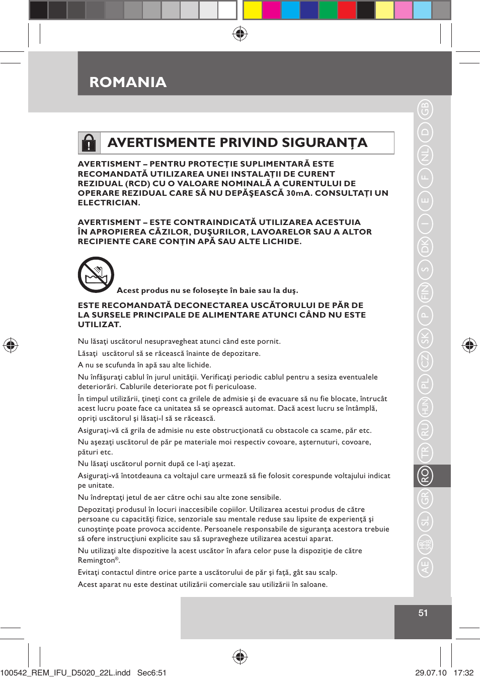 Romania, Avertismente privind siguranţa | Remington D5020 User Manual | Page 53 / 68