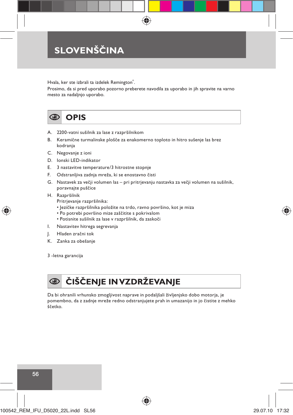 Slovenščina, Opis, Čiščenje in vzdrževanje | Remington D5020 User Manual | Page 58 / 68