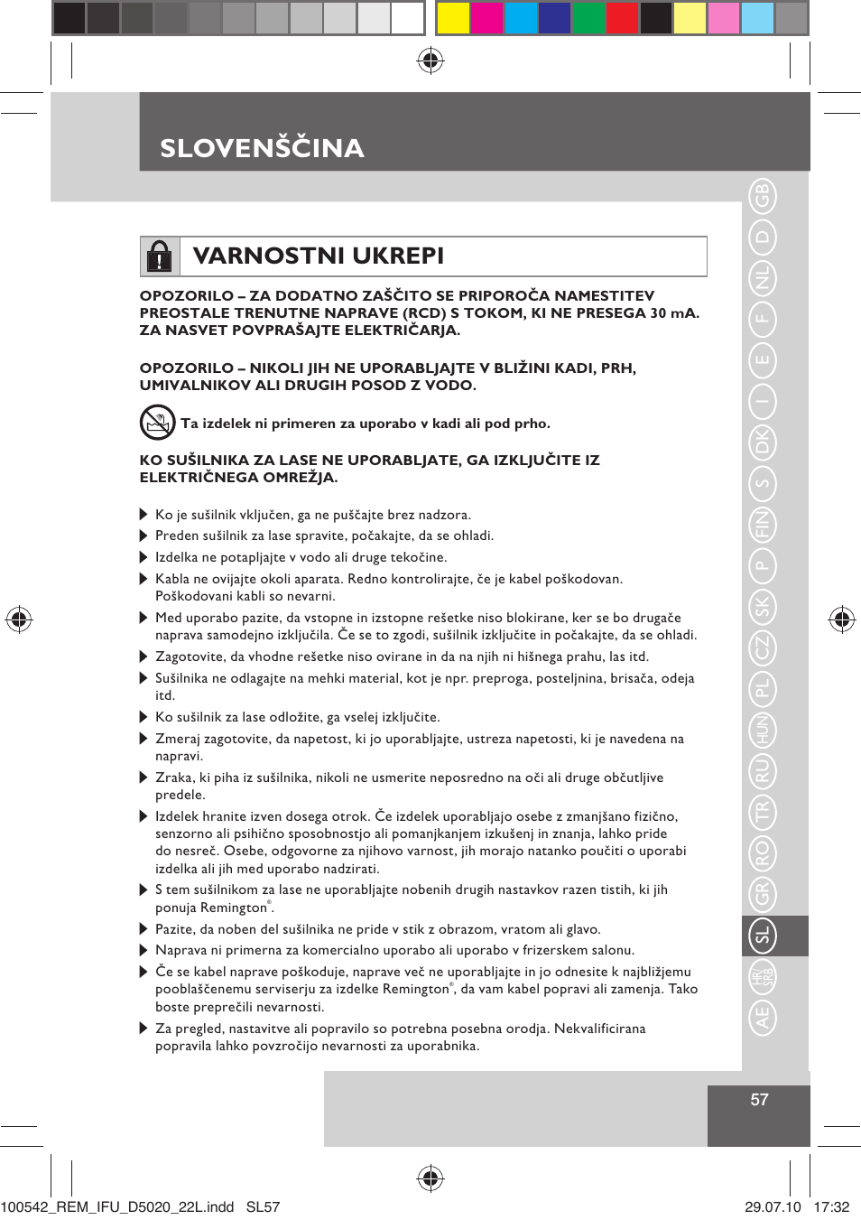 Slovenščina, Varnostni ukrepi | Remington D5020 User Manual | Page 59 / 68