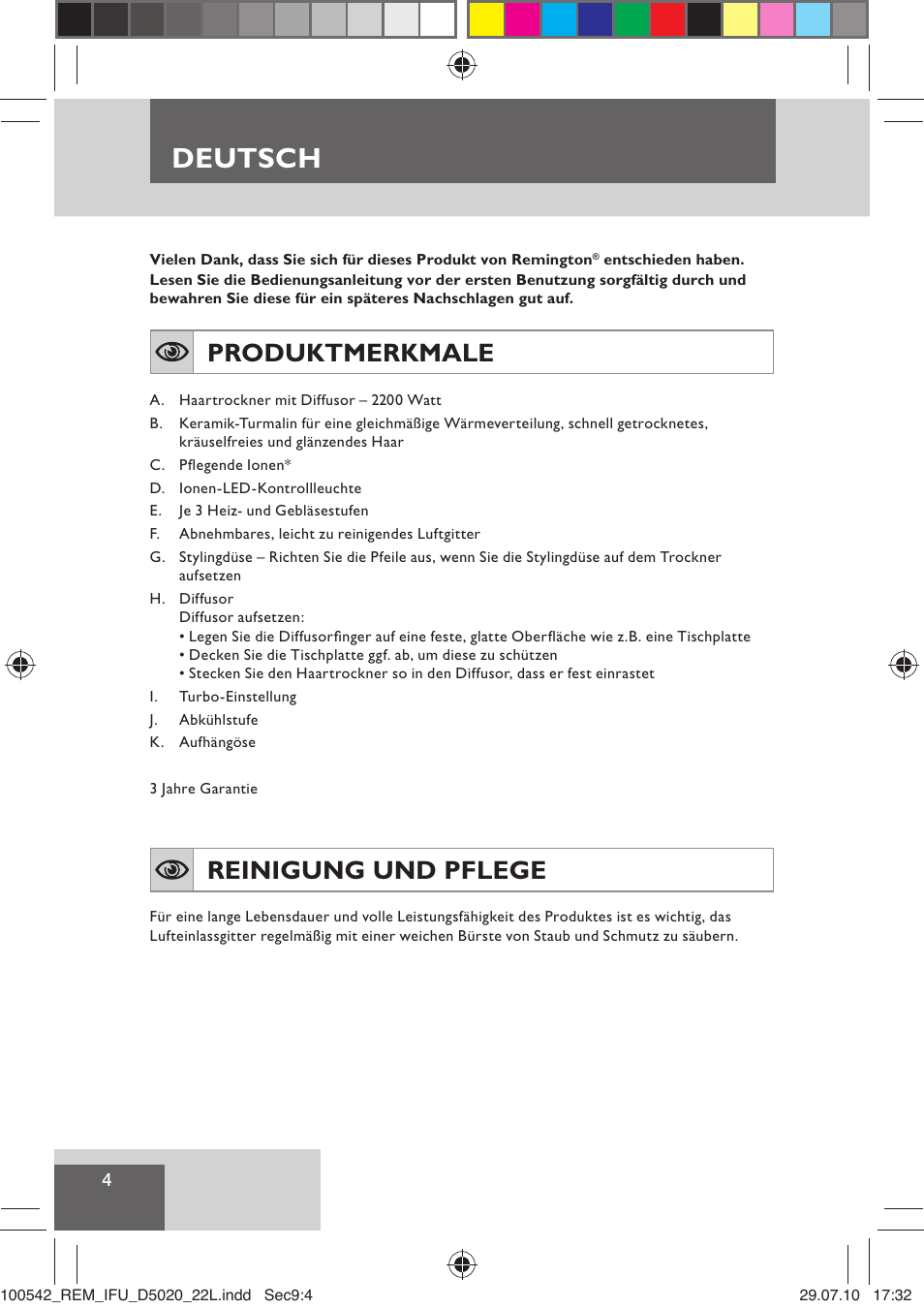 Deutsch, Produktmerkmale, Reinigung und pflege | Remington D5020 User Manual | Page 6 / 68