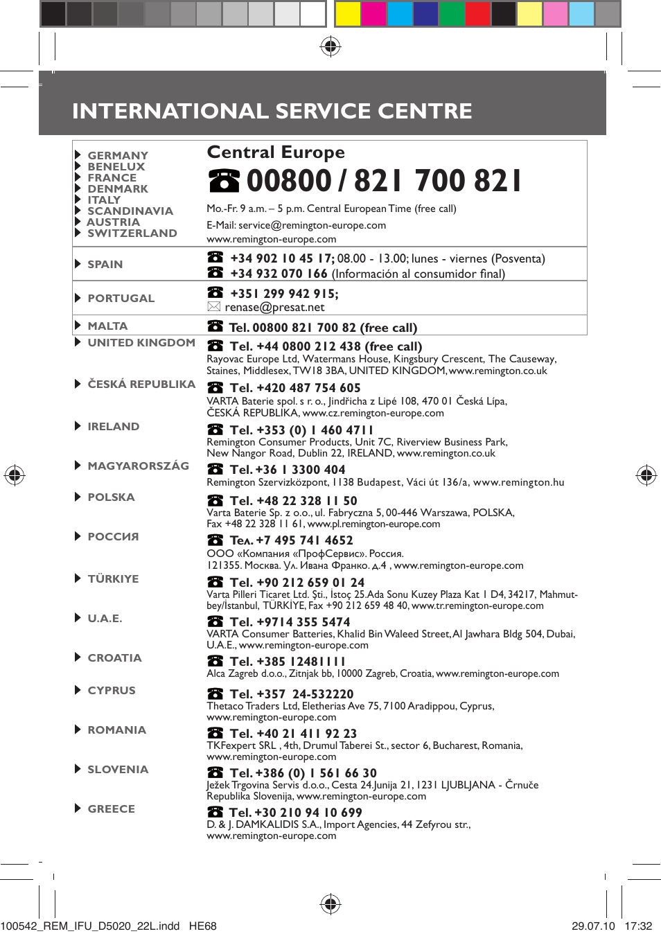 International service centre, Central europe | Remington D5020 User Manual | Page 67 / 68