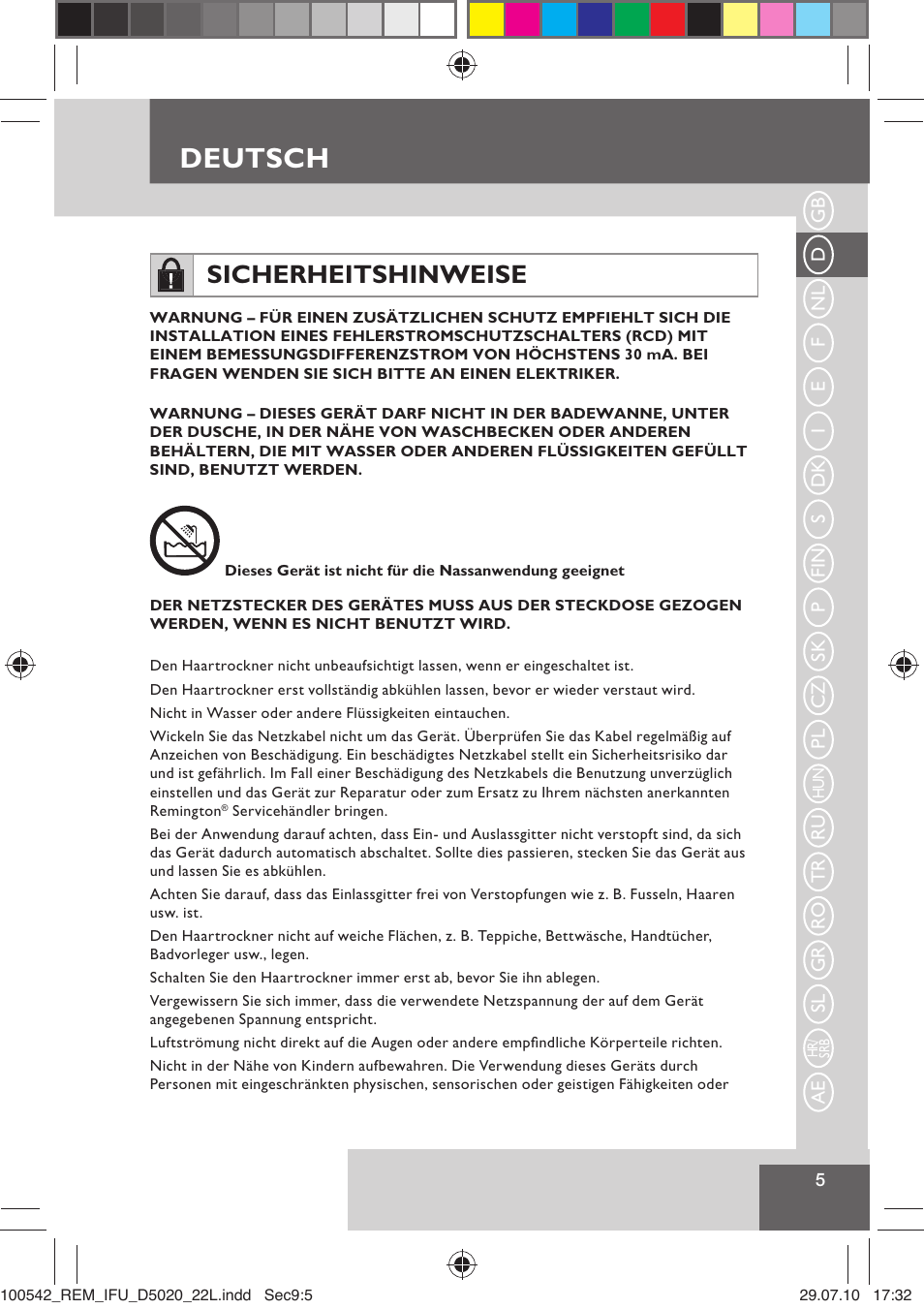 Deutsch, Sicherheitshinweise | Remington D5020 User Manual | Page 7 / 68