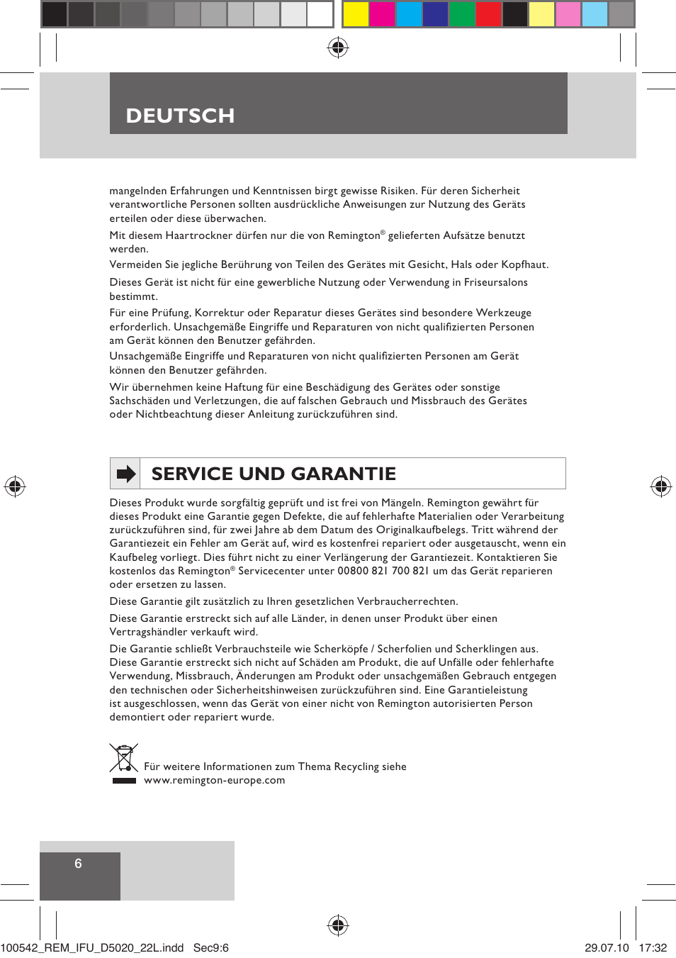 Deutsch, Service und garantie | Remington D5020 User Manual | Page 8 / 68