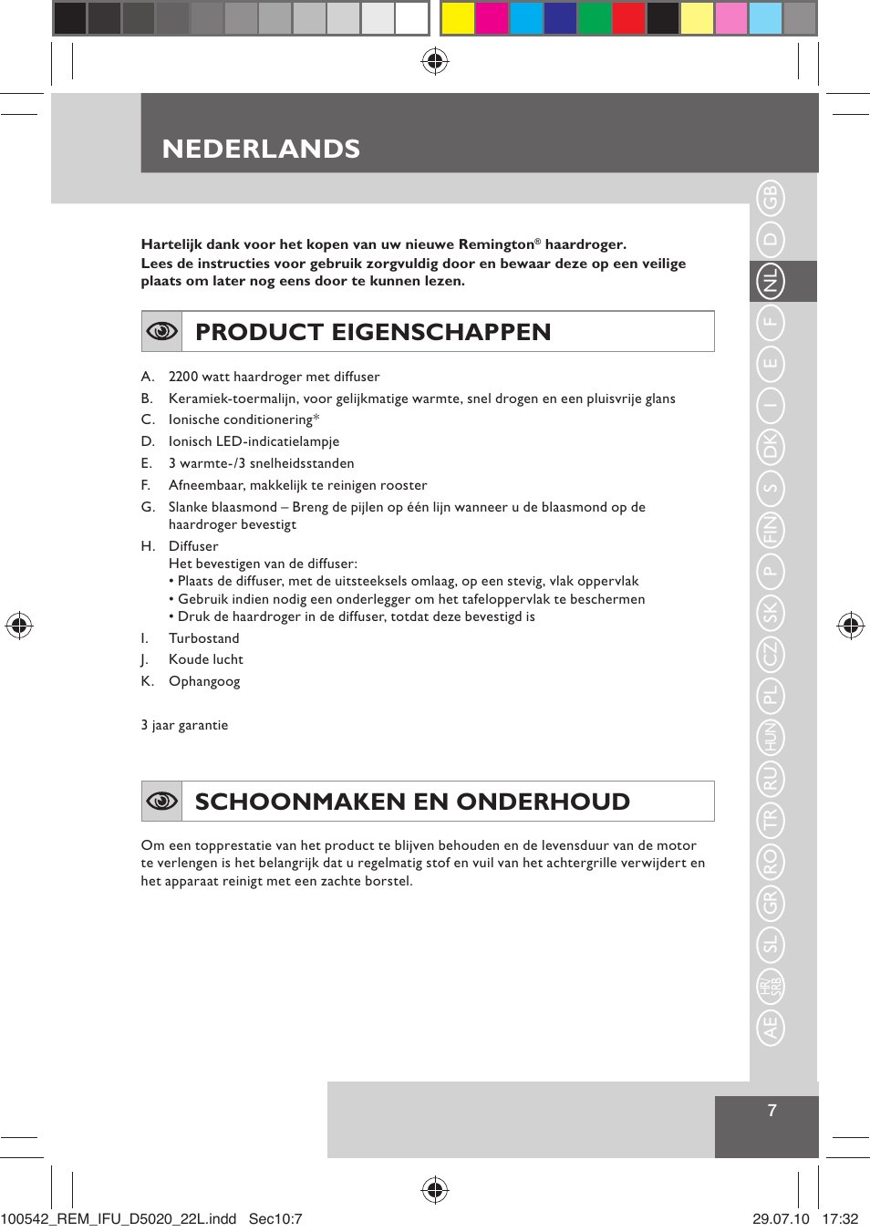 Nederlands, Product eigenschappen, Schoonmaken en onderhoud | Remington D5020 User Manual | Page 9 / 68