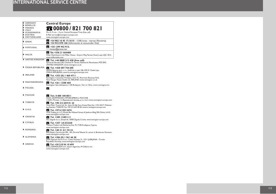 International service centre, Central europe | Remington F4800 User Manual | Page 57 / 58