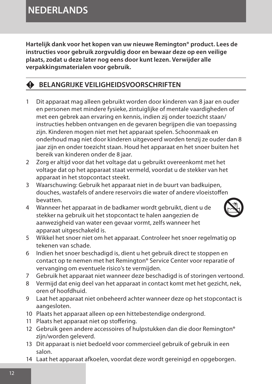 Nederlands, Fbelangrijke veiligheidsvoorschriften | Remington S9600 User Manual | Page 12 / 92