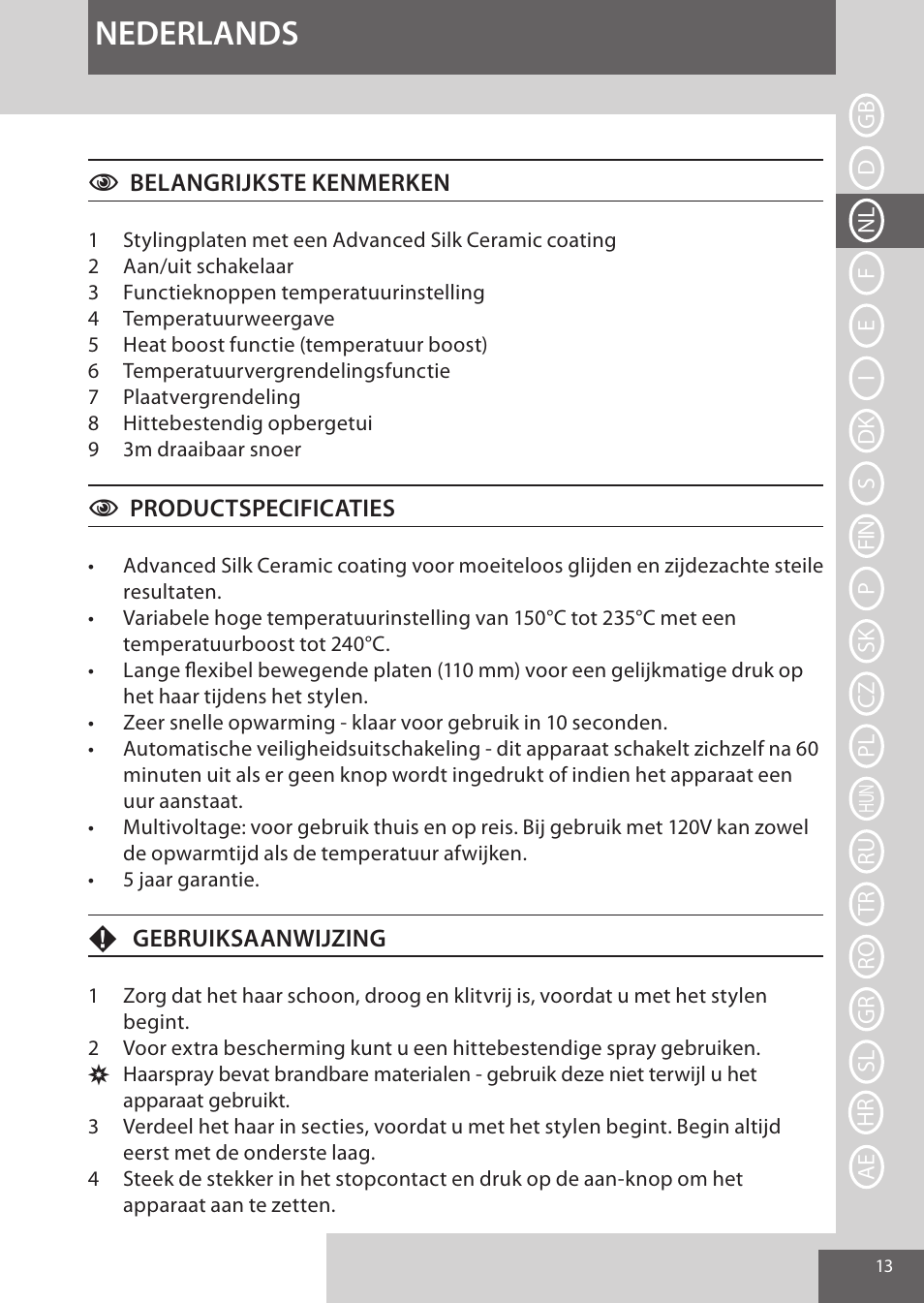 Nederlands | Remington S9600 User Manual | Page 13 / 92